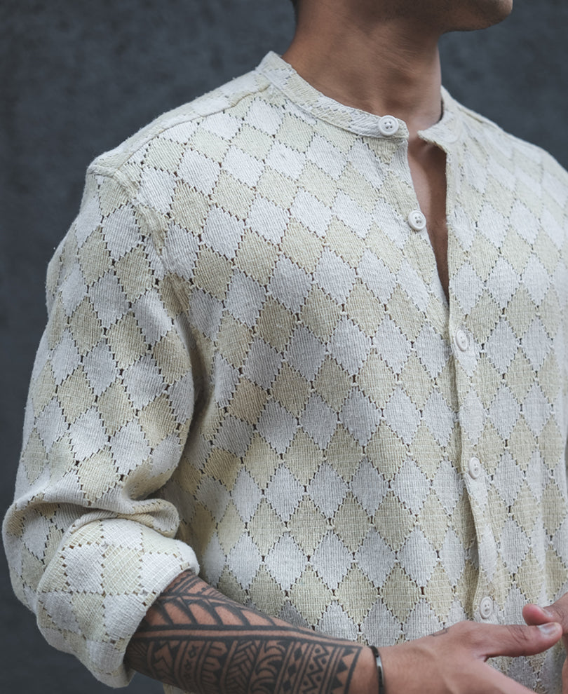 Off White Crochet Kurta Style Shirt