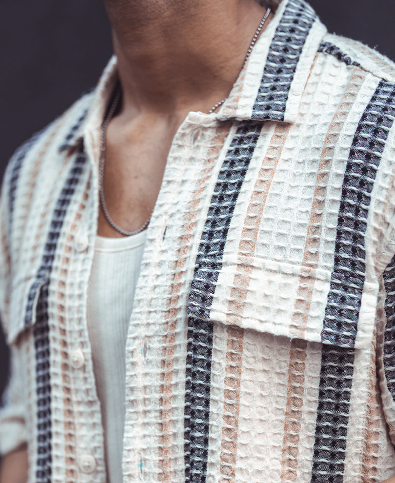 Off White and Black Structured Striped Oversized Half Sleeves Shirt