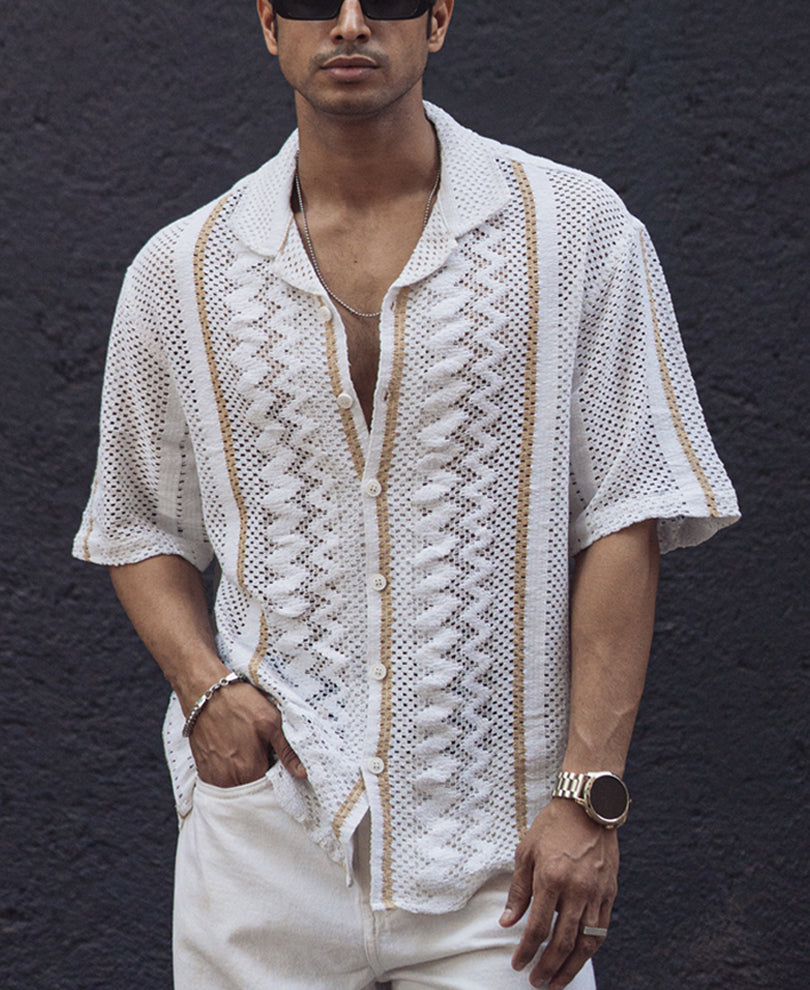 Off White and Beige Crochet Oversized Striped Half Sleeves Shirt