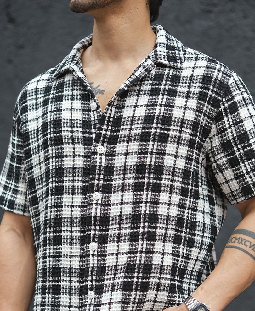 White and Black Structured Checks Half Sleeves Shirt