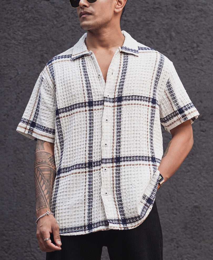 Off White and Navy Blue Structured Checks Half Sleeves Shirt