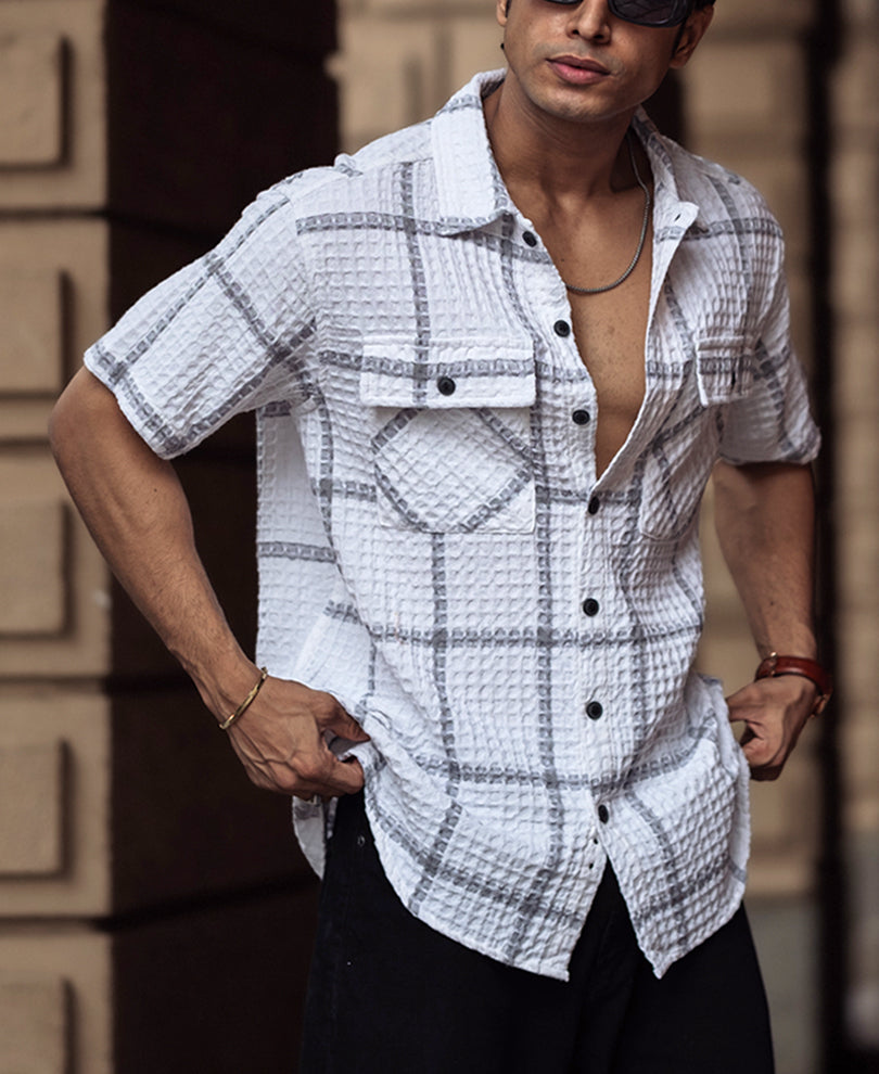 White and Grey Structured Checks Half Sleeves Shirt