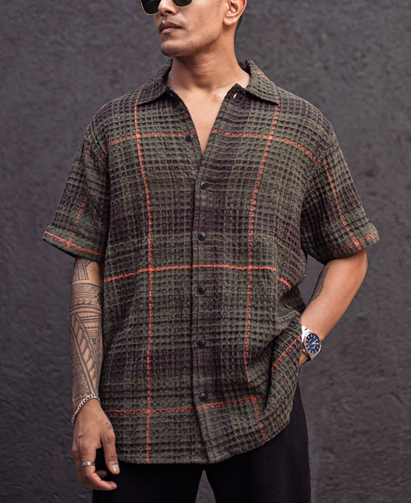 Olive and Black Structured Regular Checks Half Sleeves Shirt