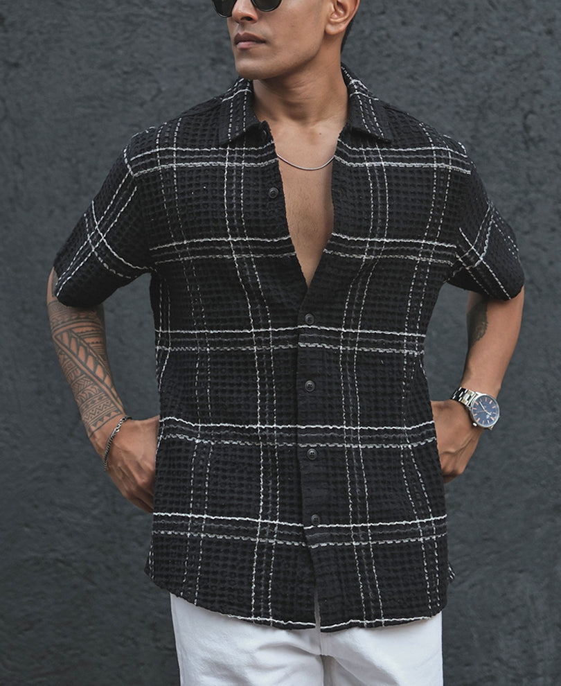 Black Structured Checks Half Sleeves Shirt