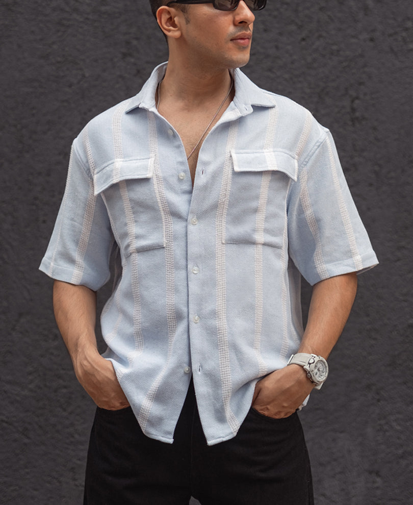 Sky Blue and White Structured Striped Oversized Shirt