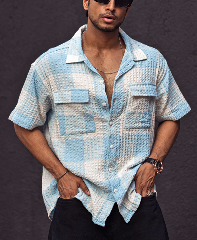 White and Sky Blue Waffle Checks Regular fit Half Sleeves Shirt