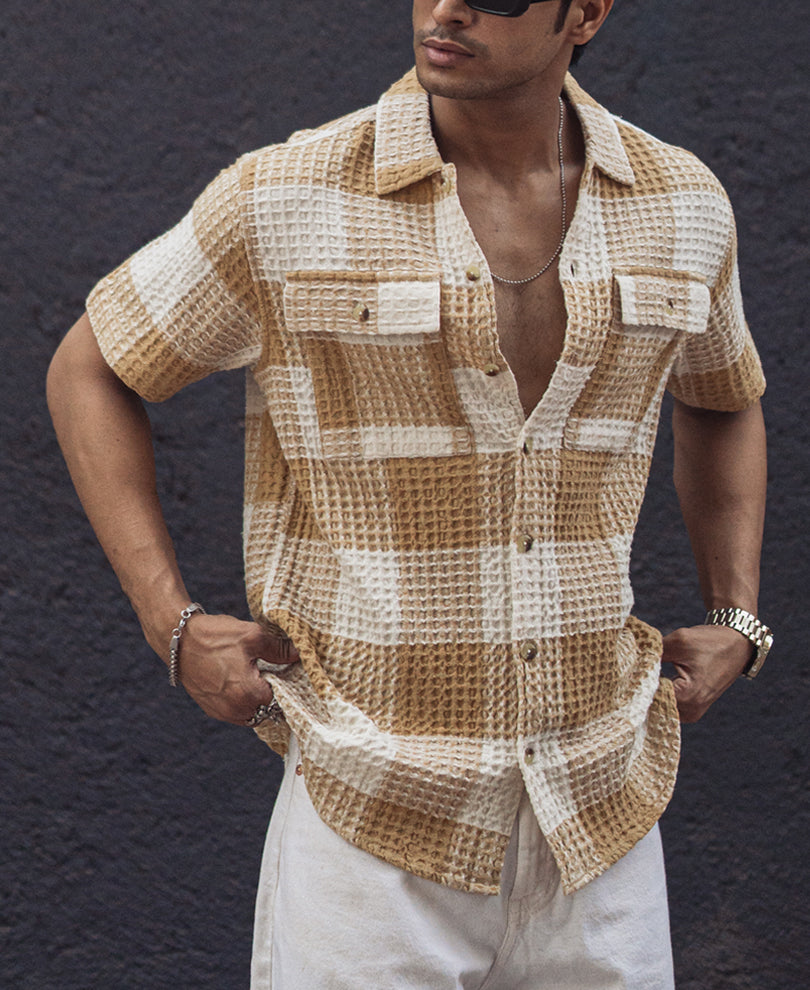 Beige and Off White Structured Checked Oversized Half Sleeves Shirt