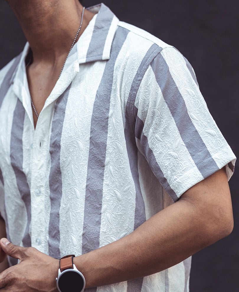 White and Grey Structured Striped Cuban Collar Shirt