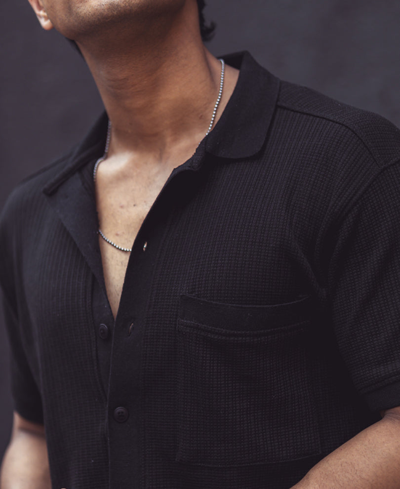 Black Structured Regular Fit Half Sleeves Shirt
