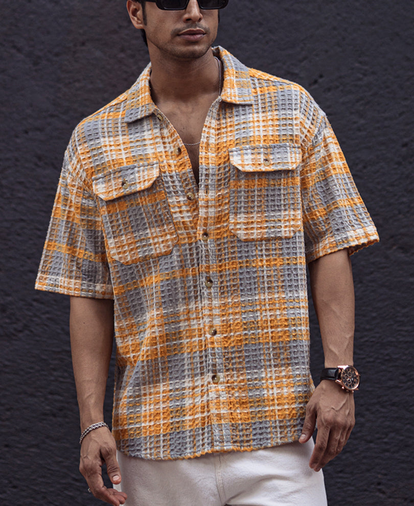 Yellow and Grey Structured Checks Oversized Half Sleeves Shirt