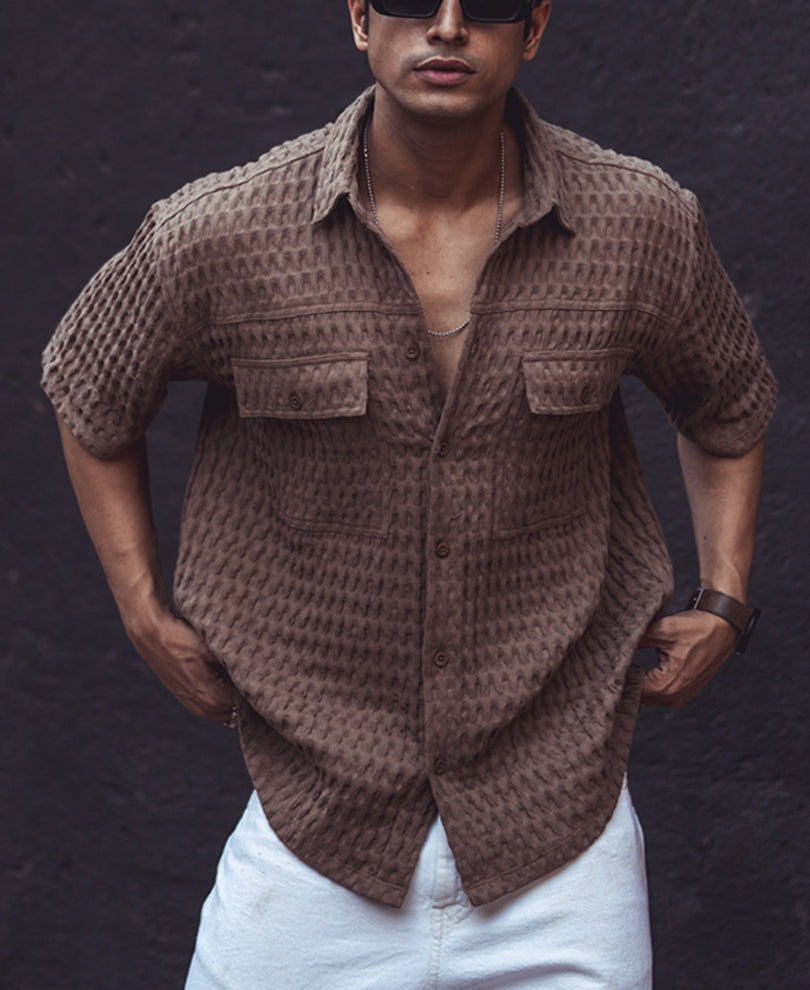 Brown Structured Oversized Double Pocket Half Sleeves Shirt