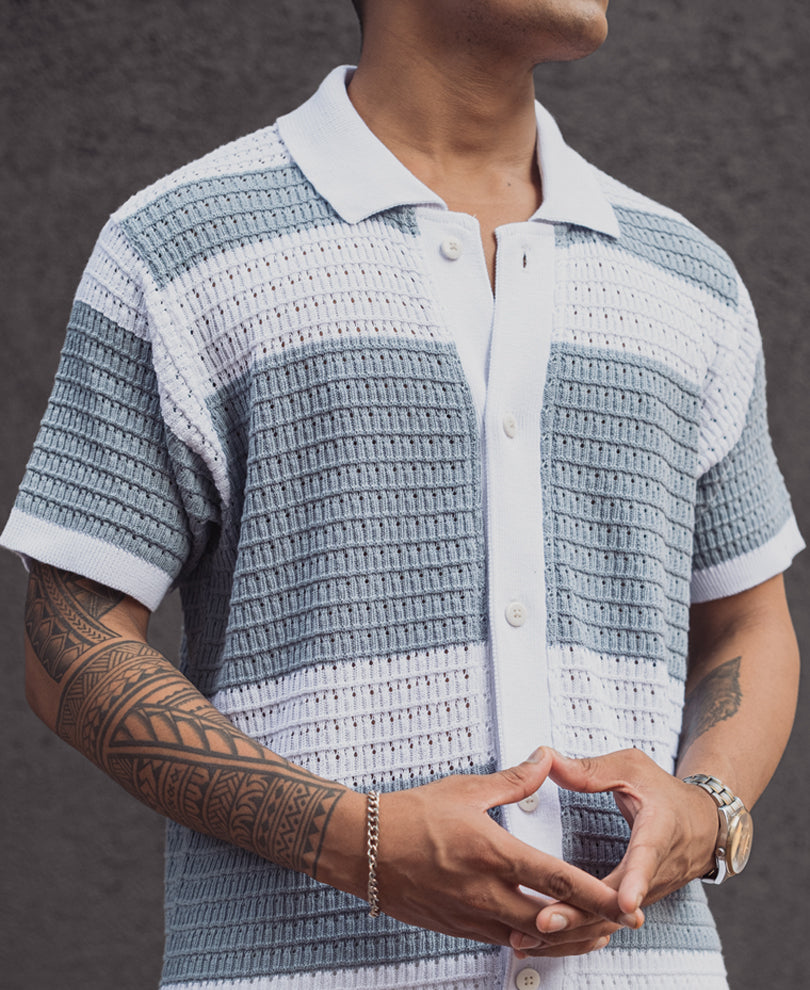 Sky Grey Structured Striped Regular Fit Half Sleeves Shirt