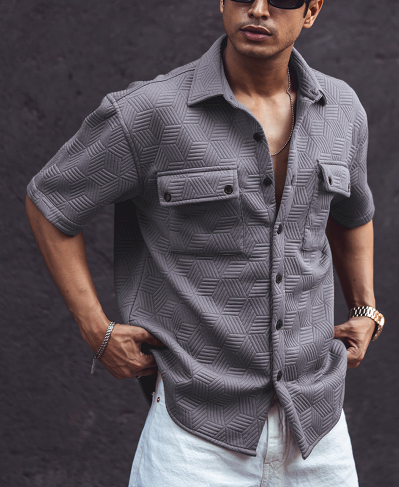 Grey Structured Double Pocket Oversized Half Sleeves Shirt