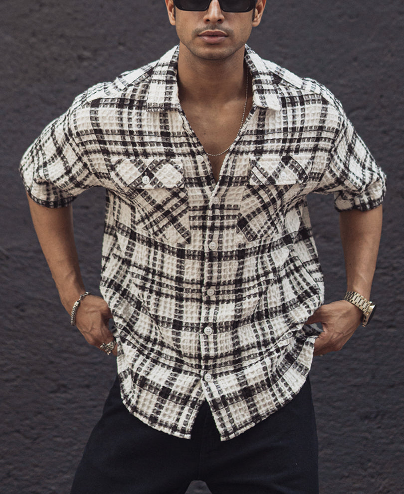 Brown and Off White Structured Oversized Checked Shirt