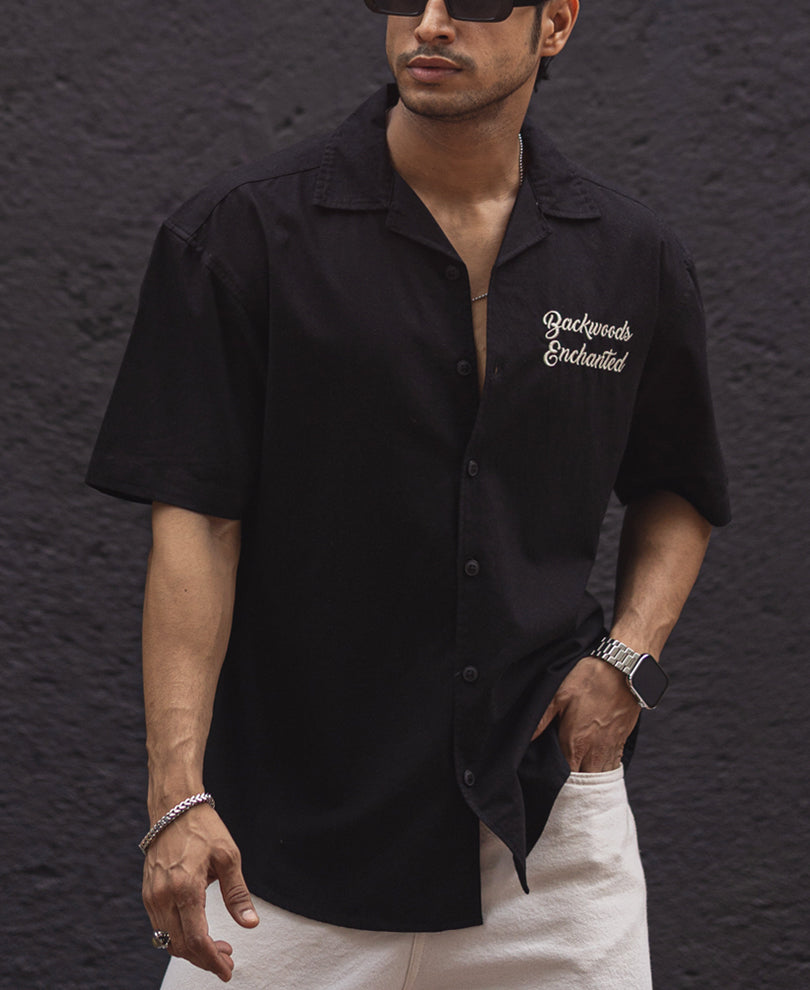 Black Voyage Printed Oversized Half Sleeves Shirt