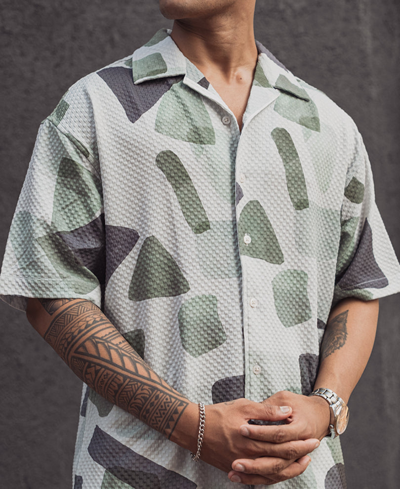 White and Green Structured Printed Oversized Half Sleeves Shirt