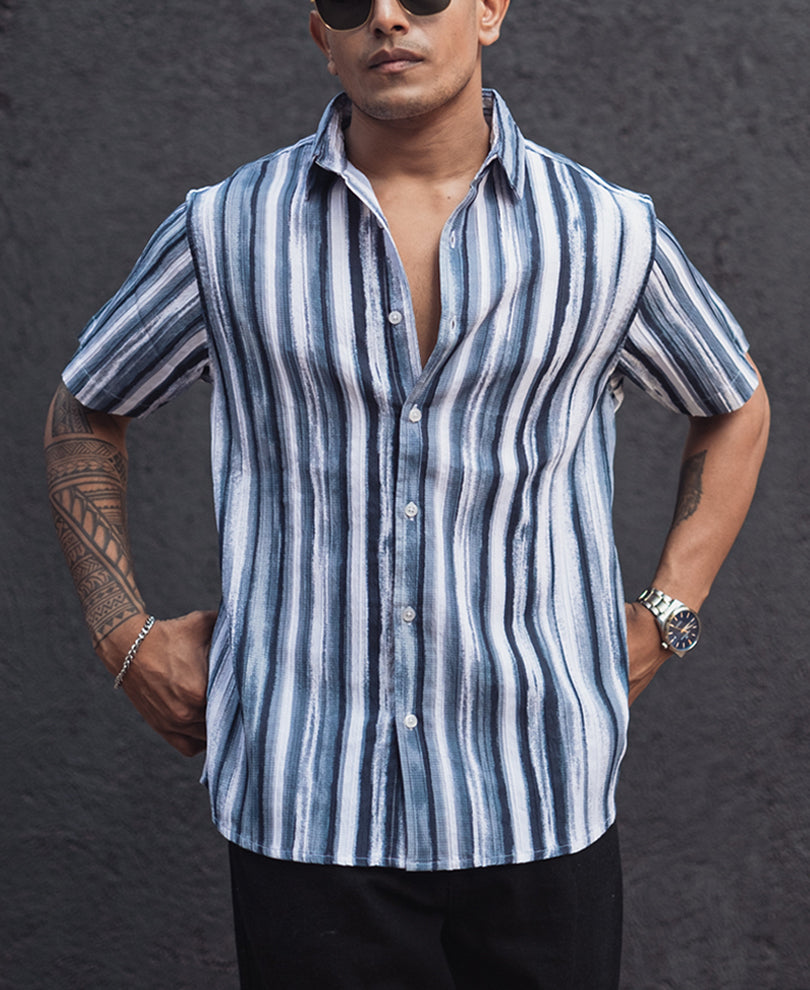 White and Navy Blue Structured Striped Regular Shirt