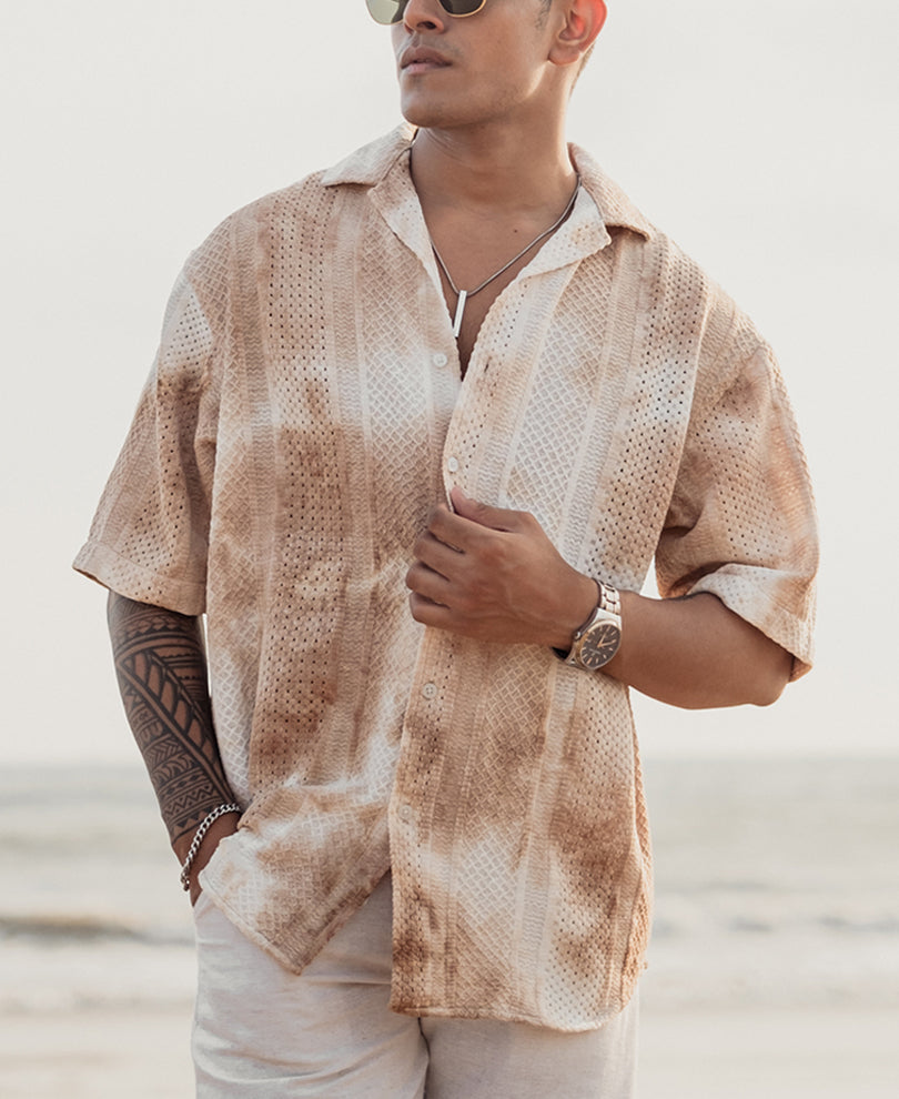 Beige Oversized Tie-dye Structured Half Sleeves Shirt