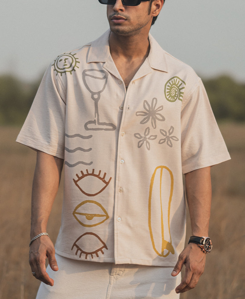Beige Structured Printed Oversized Half Sleeves Shirt
