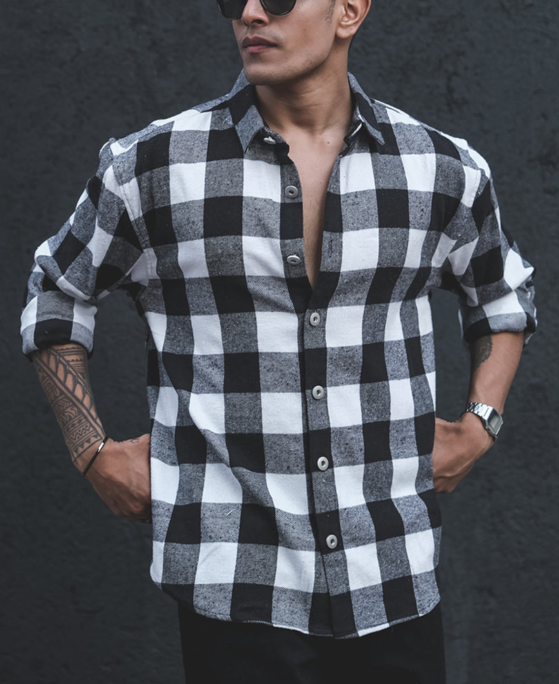 Black And White Flannel Checks Oversize Drop Shoulder Shirt