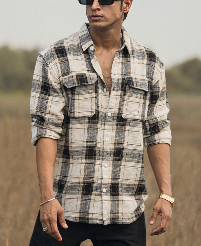 Cream Checked Structured Oversize Drop Shoulder Shirt