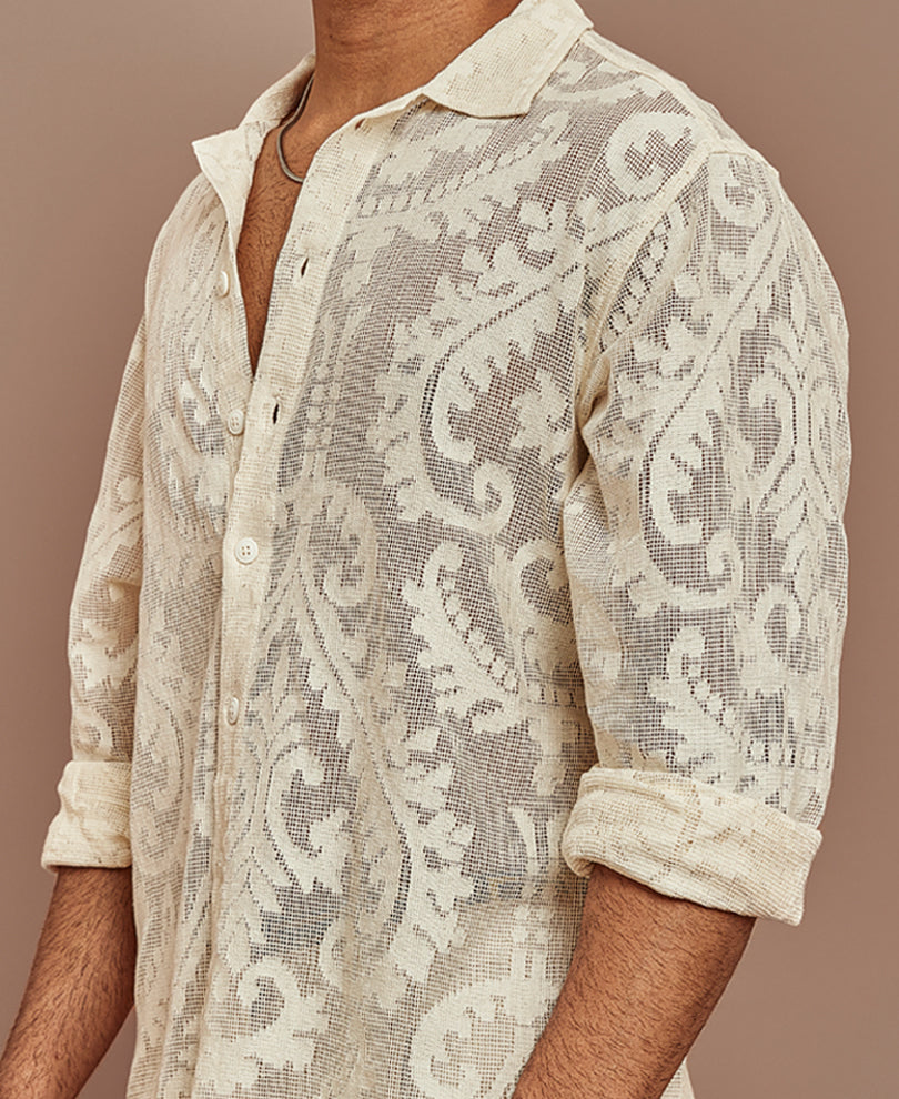 Off White Lace Pattern Full Sleeves Shirt