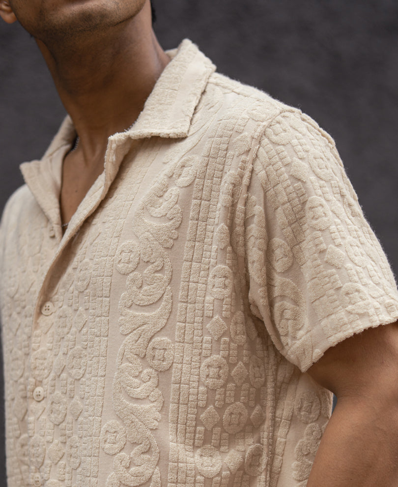 Cream Structured Regular Half Sleeves Shirt