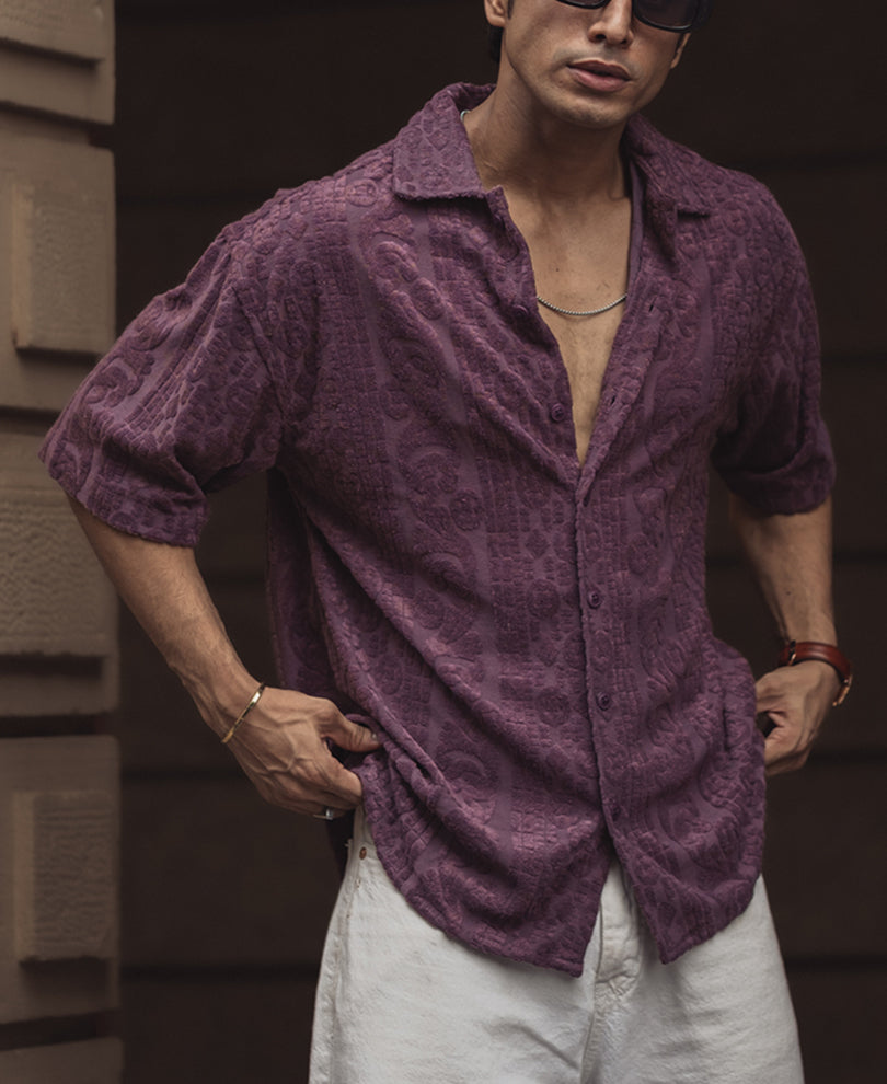 Onion Structured Jacquard Oversized Half Sleeves Shirt