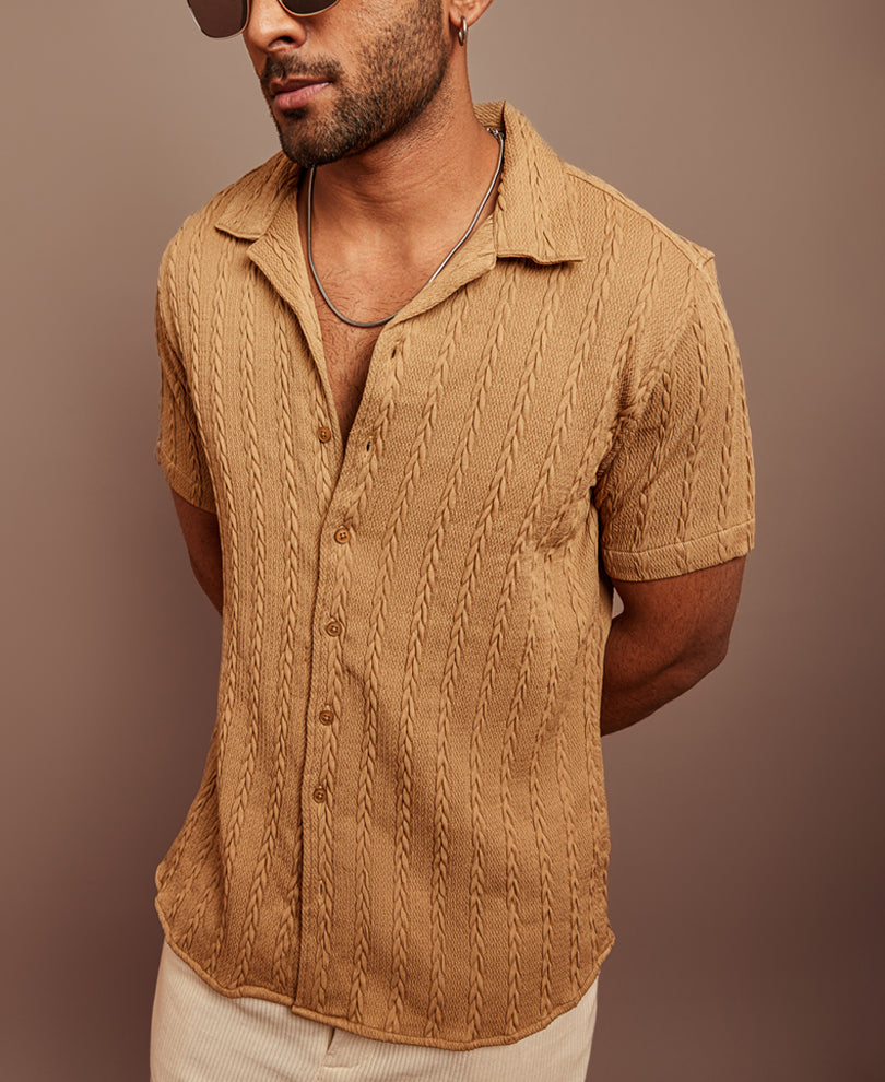 Camel Textured Half Sleeves Shirt