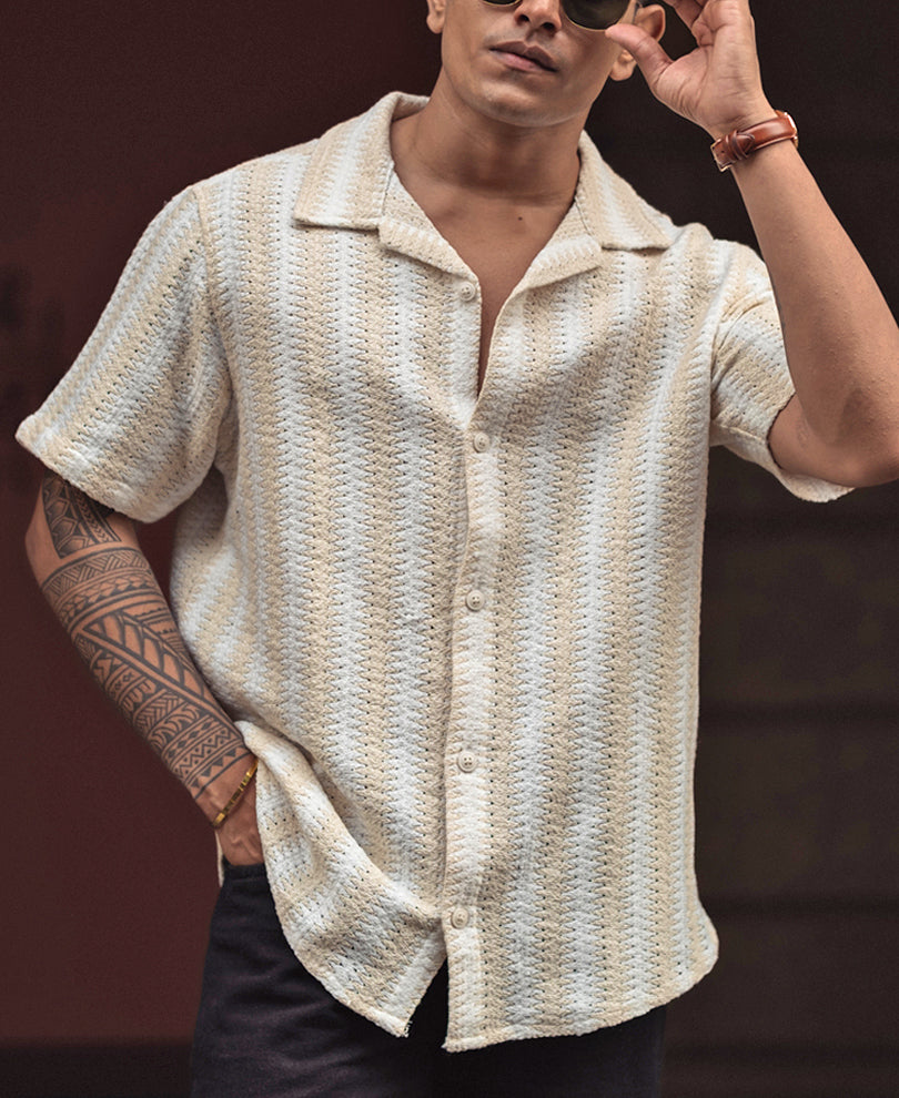 Off White and Beige Crochet Striped Regular Fit Shirt
