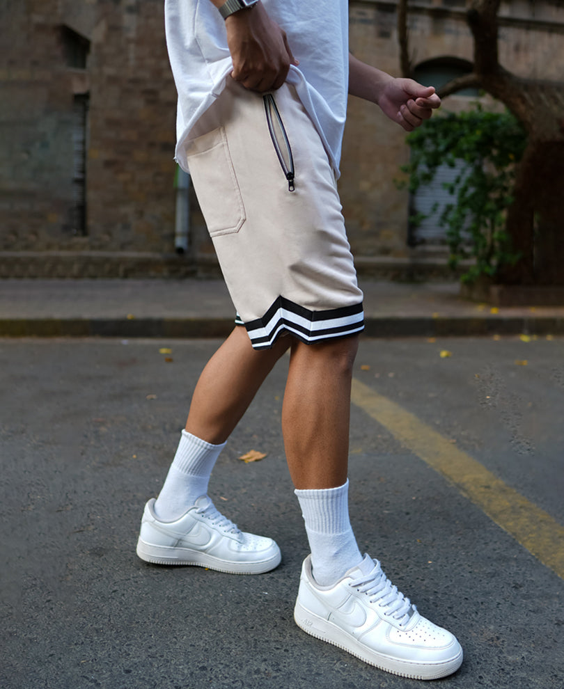 Cream Baggy Fit Shorts with Pocket Chain