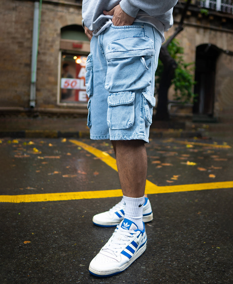 Ice Blue Baggy Fit Cargo Denim Shorts
