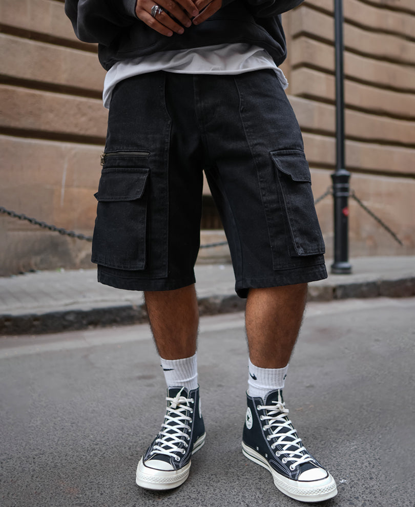 Black Denim Cargo Pocket Shorts