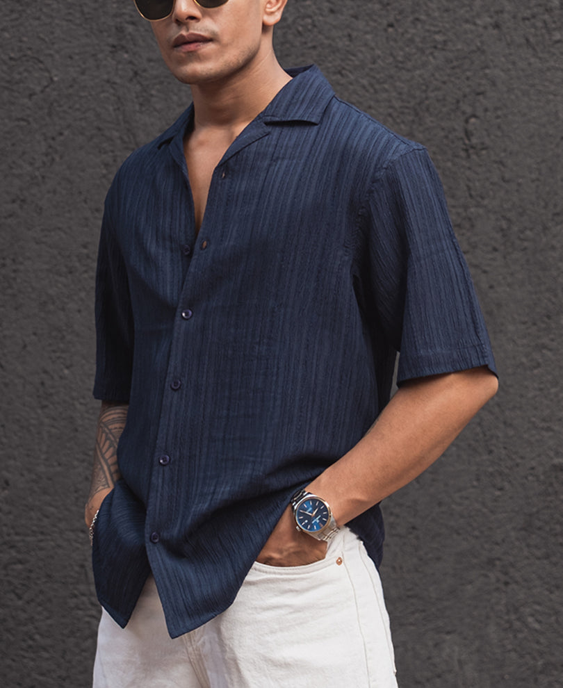 Navy Blue Structured Oversized Half Sleeves Shirt
