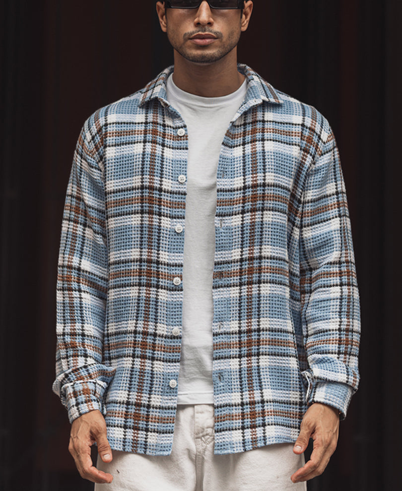 Blue and Brown Waffle Checks Regular Fit Full Sleeves Shirt