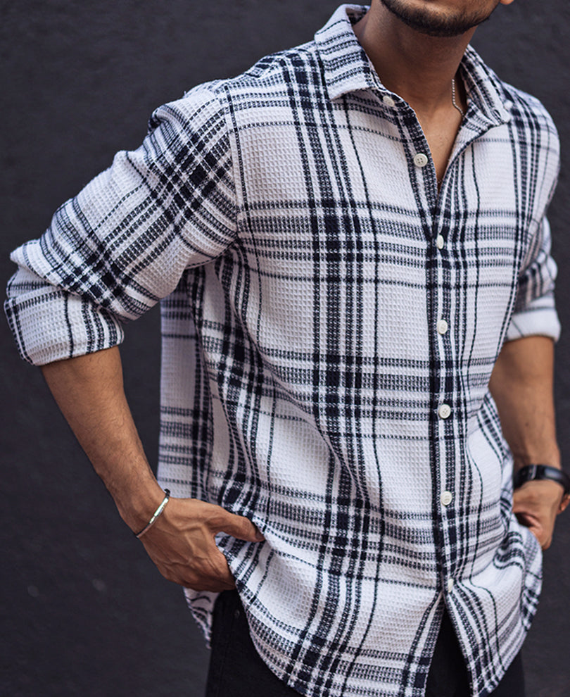 Navy Blue and White Waffle Checks Regular Full Sleeves Shirt