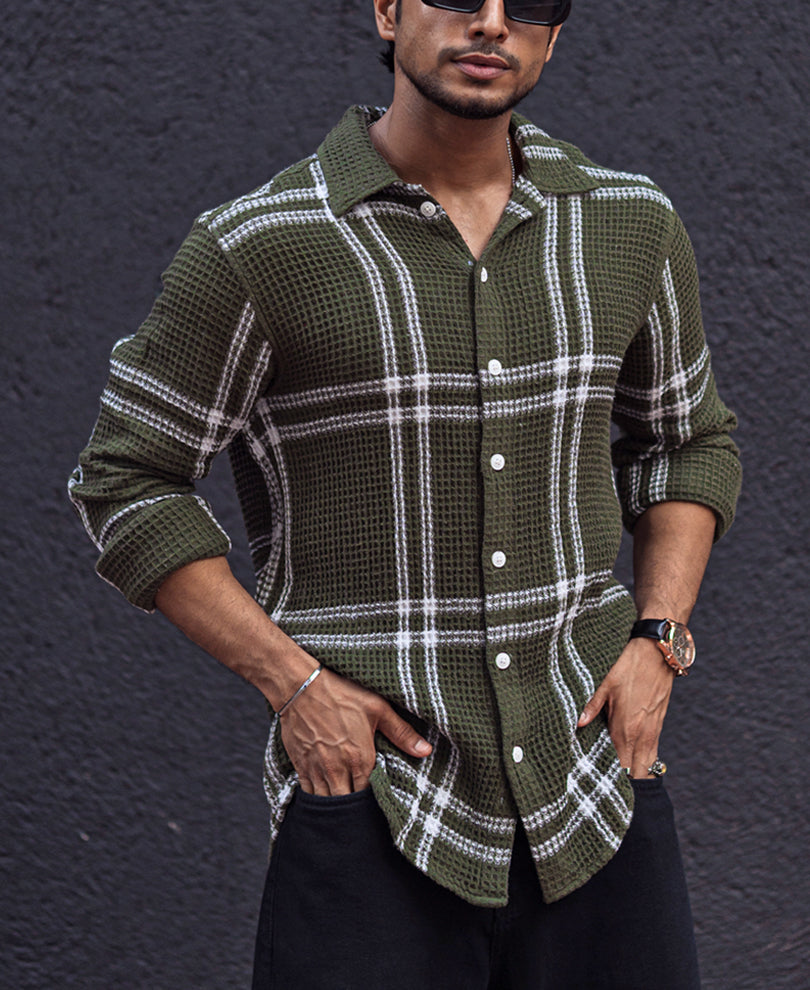 Green and White Striped Waffle Structured Regular fit Full Sleeves Shirt