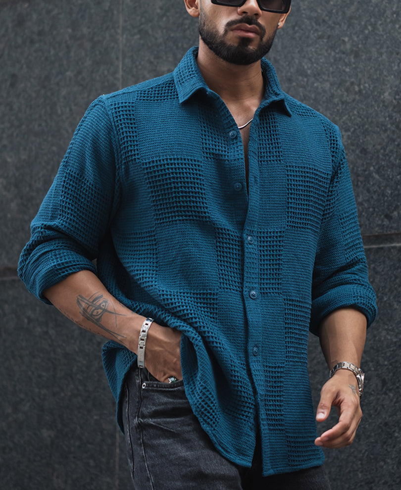 Teal Blue Waffle Structure Regular Fit Full Sleeves Shirt