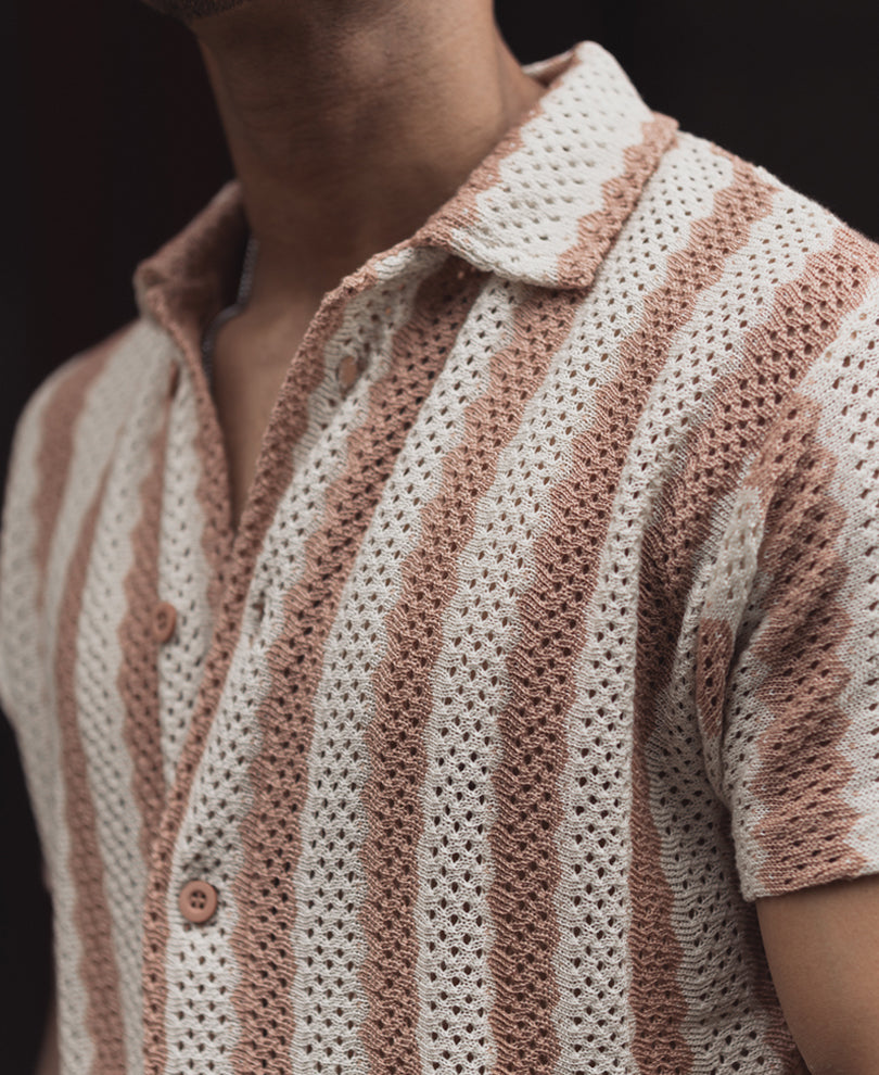 Beige and Off White Crochet Striped Regular Fit Half Sleeve Shirt