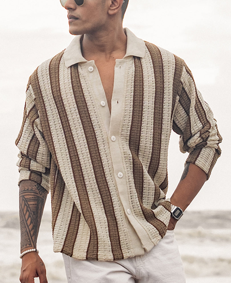 Off White and Beige Crochet Striped Regular Full Sleeves Shirt