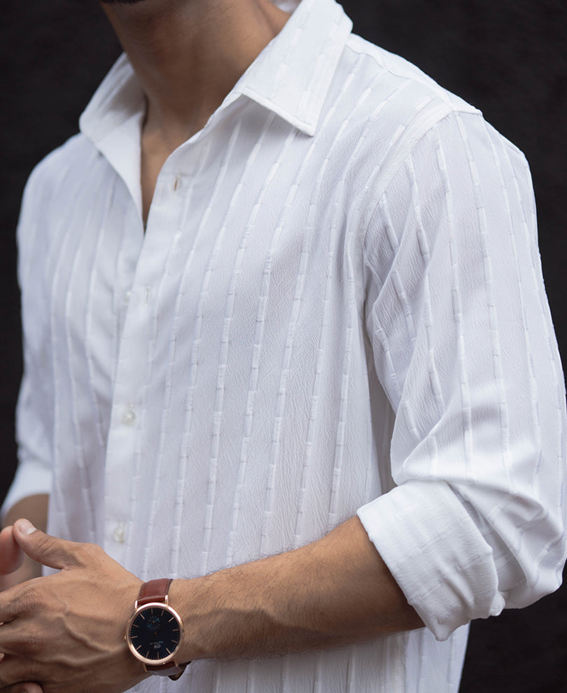 White Structure Regular Fit Full Sleeves Shirt