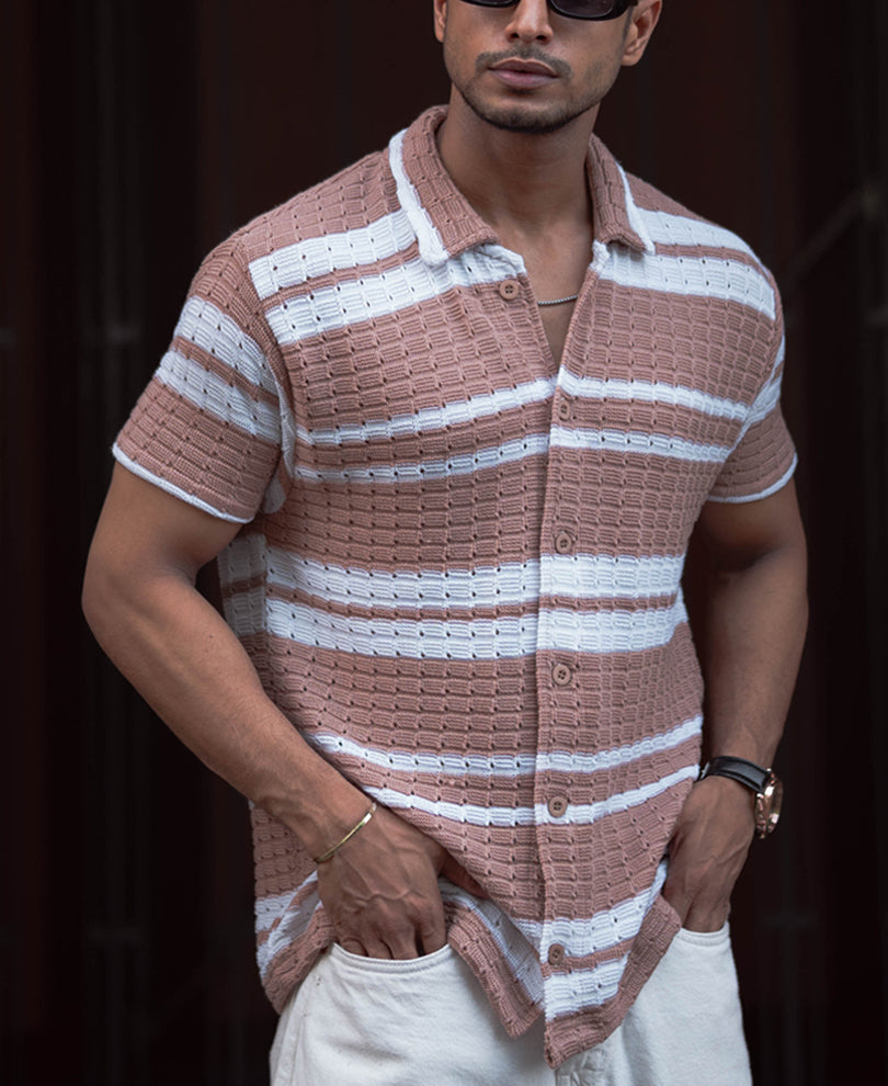 Beige And White Striped Regular Fit Half Sleeves Shirt