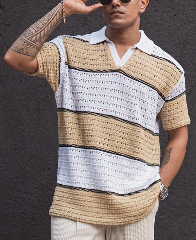 Beige and White Regular Fit Striped Half Sleeves T Shirt