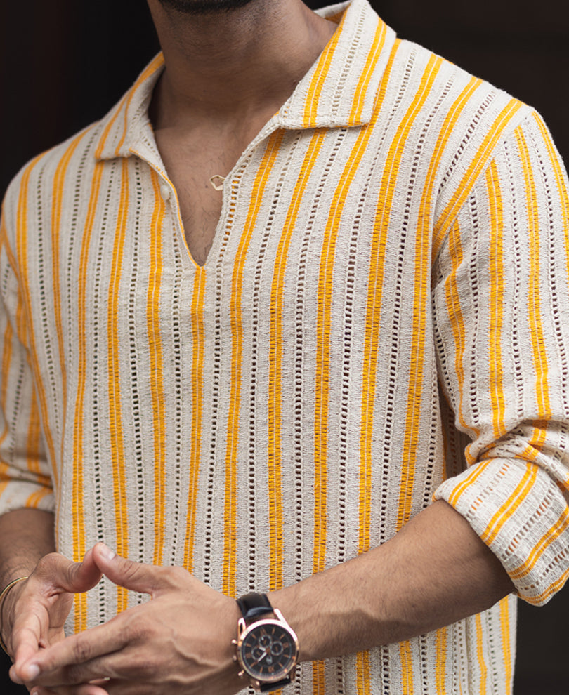 Yellow And Off White Regular Fit Full Sleeves Shirt