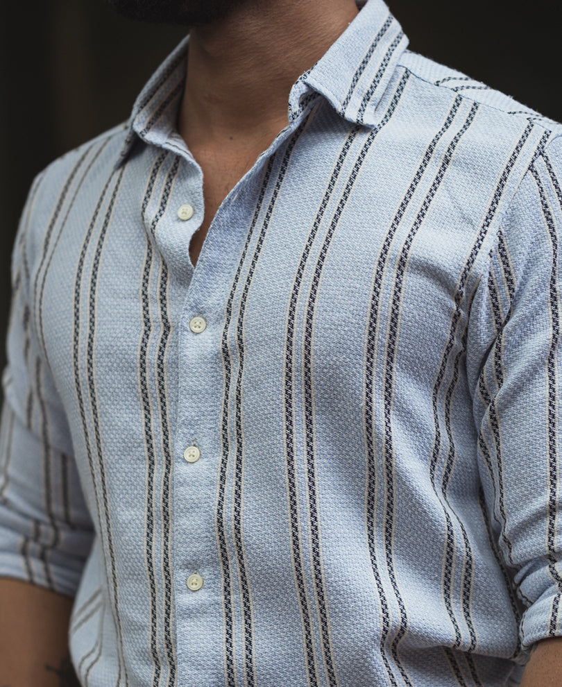 Sky Blue Striped Regular Fit Full Sleeves Shirt