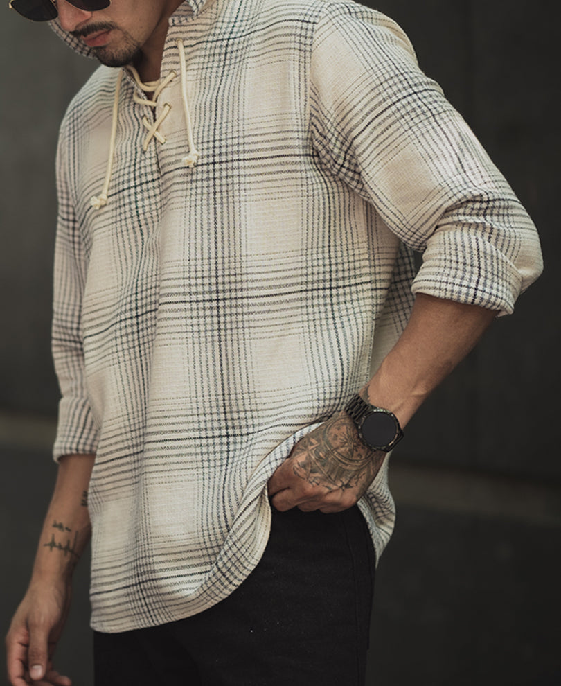 Off White Checked Regular Fit Hooded Shirt