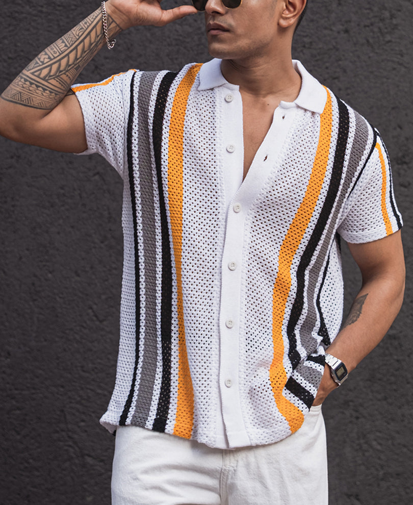Yellow and White Striped Regular Fit Half Sleeves Shirt