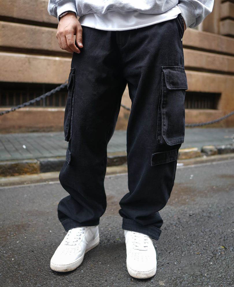Black Baggy Fit Cargo Denim Jeans
