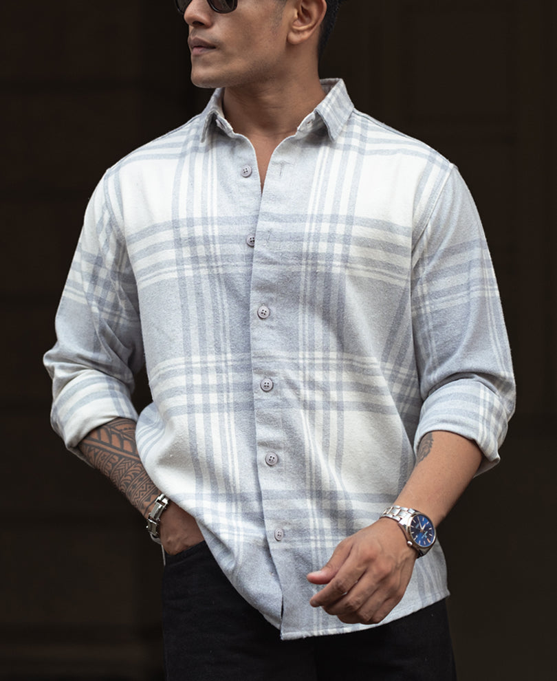 Light Grey and White Regular Fit Flannel Full Sleeve Shirt