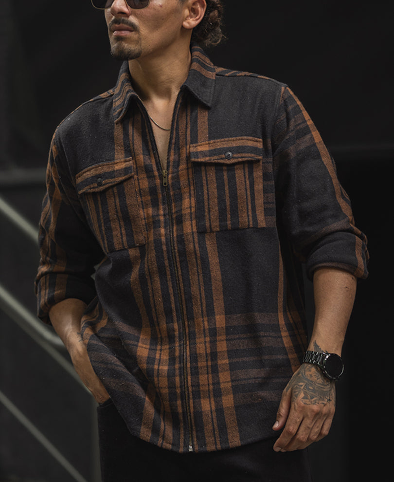 Brown And Black Full Sleeve Regular Fit Flannel Shacket